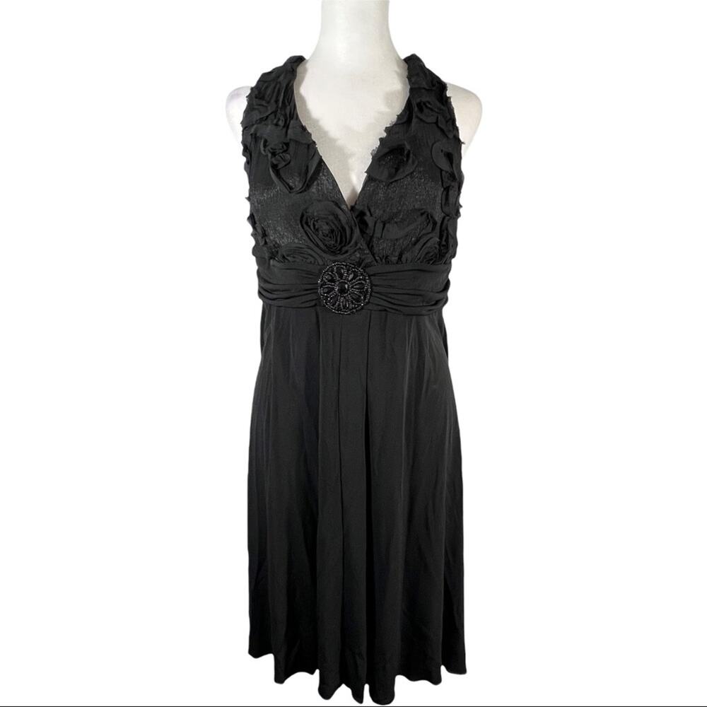 ENFOCUS Black halter Cocktail or PROM dress ruffled front jeweled medallion 16